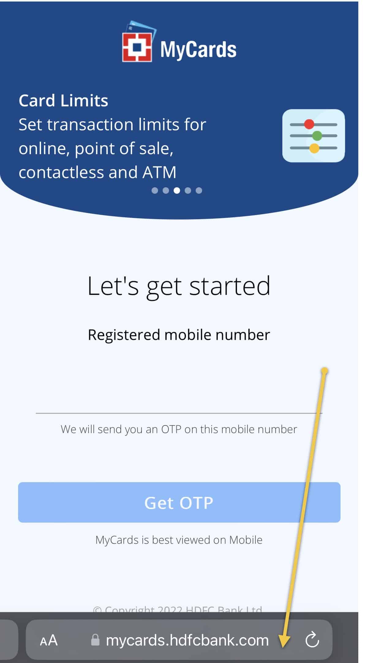 HDFC My Cards App login page