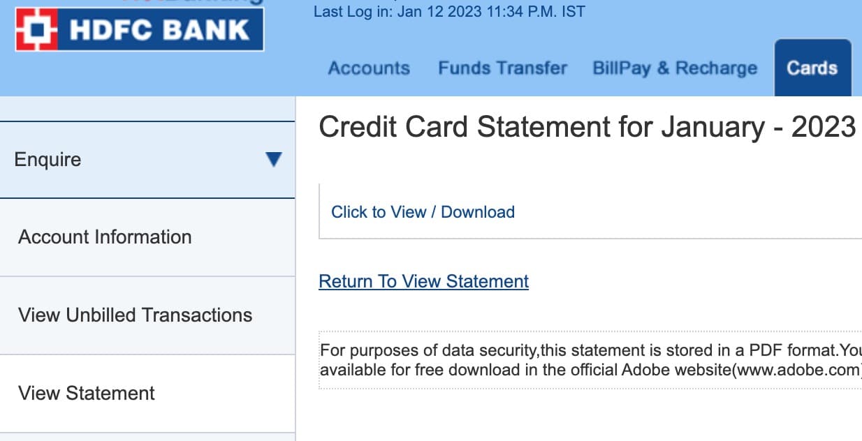 open HDFC Credit Card bill without password