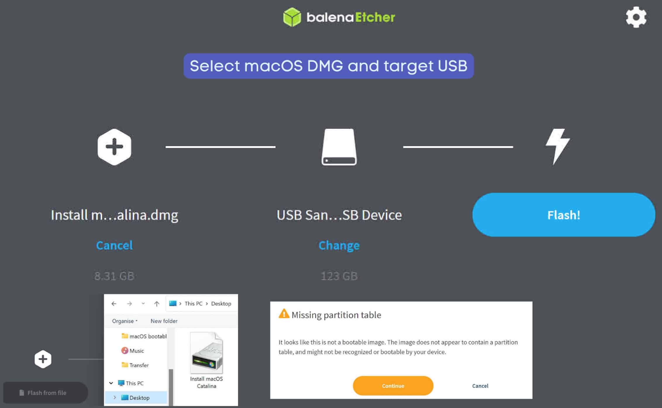 Etcher-select macOS DMG and target USB on Windows