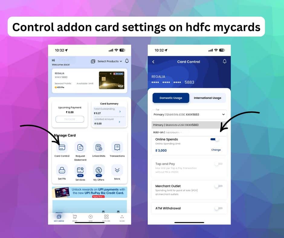 Control addon card settings on hdfc mycards