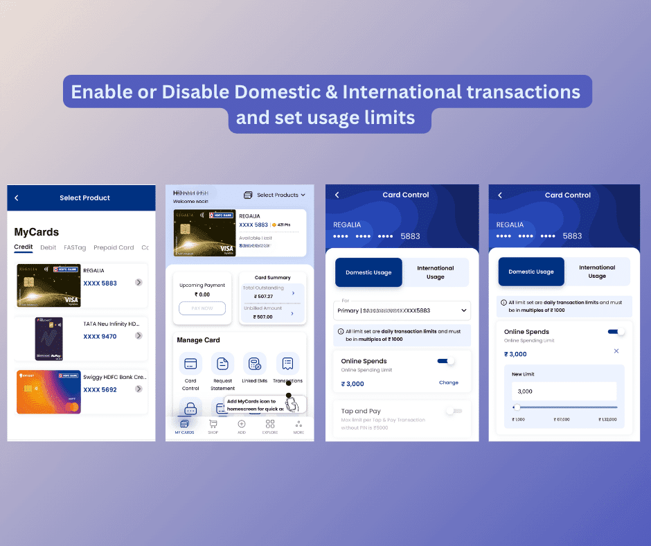 Enable or Disable Domestic & International transactions and set usage limits