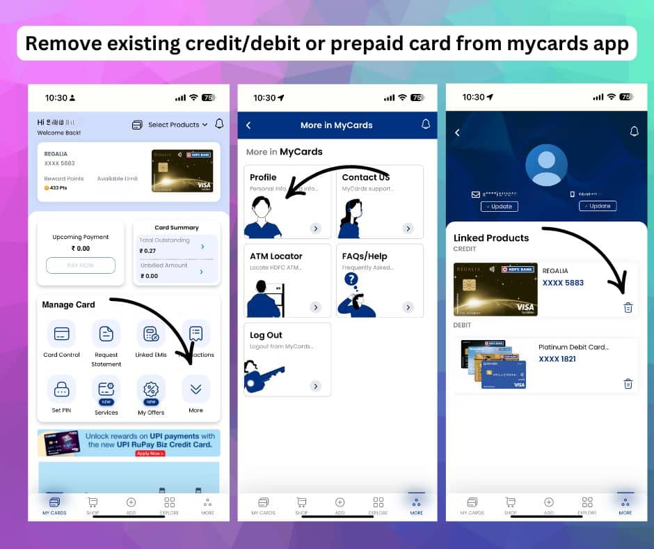 Remove existing credit:debit or prepaid card from mycards app