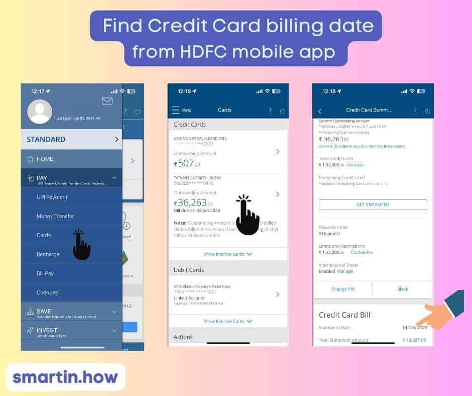 Find Credit Card billing date from HDFC mobile app